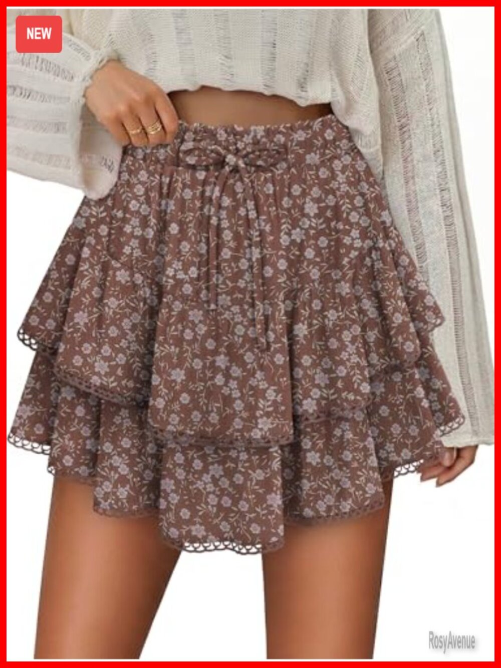 Ruffle Mini Skort Flowy High Waist Drawstring Lace Hem Golf Tennis